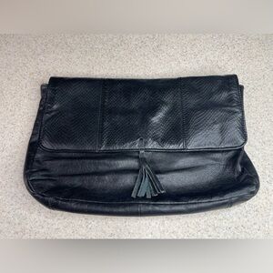 Vintage Leather Black Fold-over Clutch Tassel
